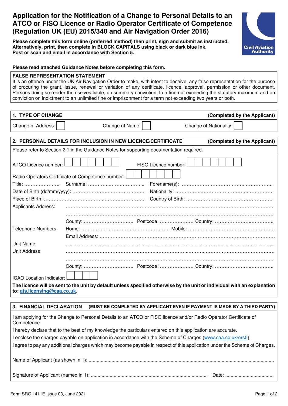 Form SRG1411E Application for the Notification of a Change to Personal Details to an Atco or Fiso Licence or Radio Operator Certificate of Competence - United Kingdom, Page 1