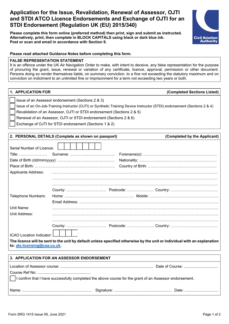 Form SRG1415 Application for the Issue, Revalidation, Renewal of Assessor, Ojti and Stdi Atco Licence Endorsements and Exchange of Ojti for an Stdi Endorsement - United Kingdom, Page 1