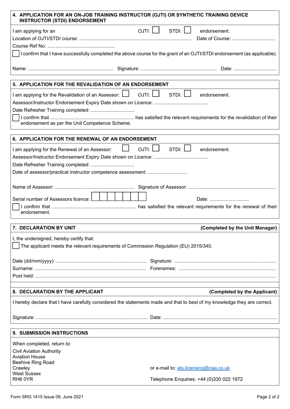 Form SRG1415 Application for the Issue, Revalidation, Renewal of Assessor, Ojti and Stdi Atco Licence Endorsements and Exchange of Ojti for an Stdi Endorsement - United Kingdom, Page 2