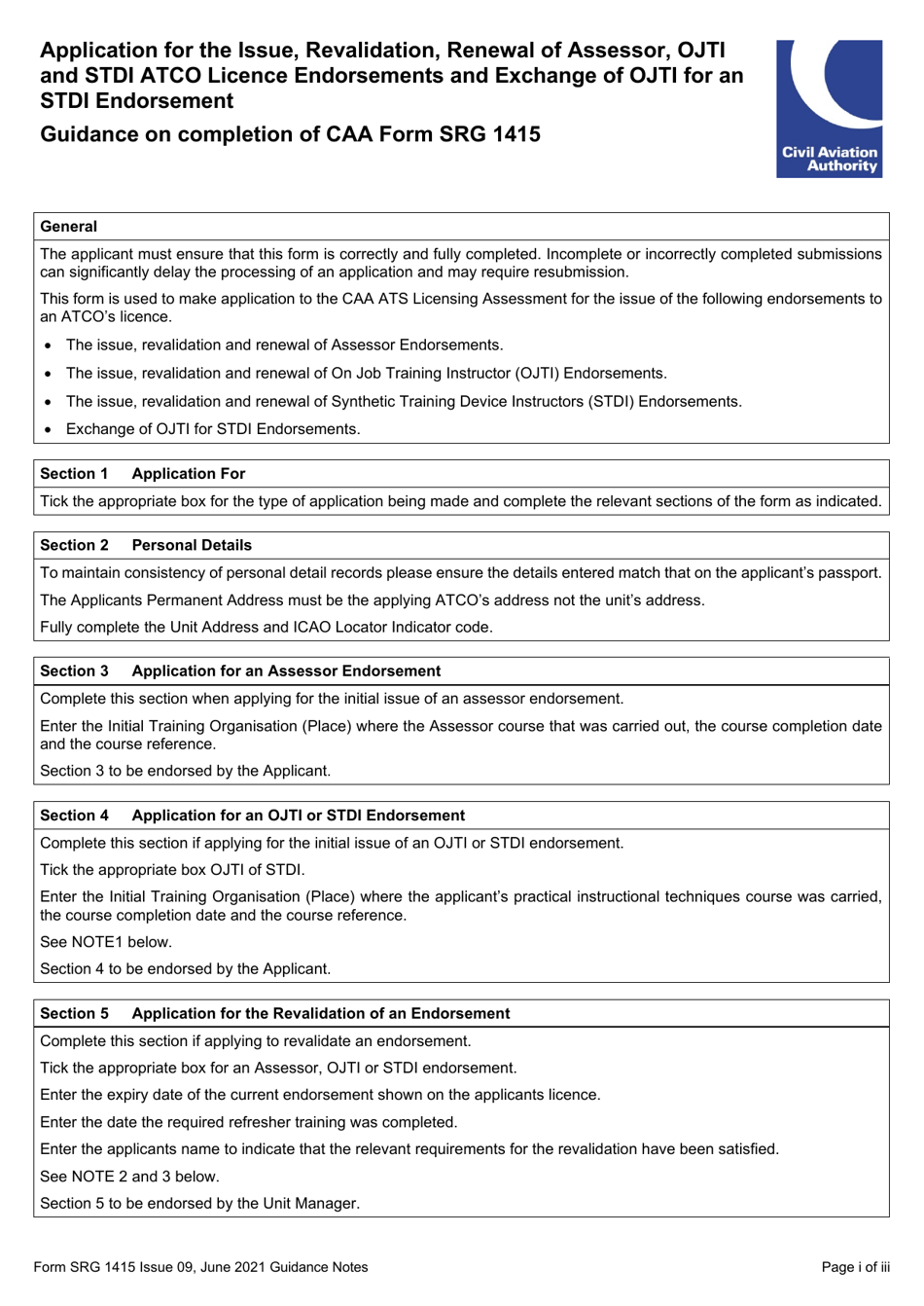 Form SRG1415 Application for the Issue, Revalidation, Renewal of Assessor, Ojti and Stdi Atco Licence Endorsements and Exchange of Ojti for an Stdi Endorsement - United Kingdom, Page 3