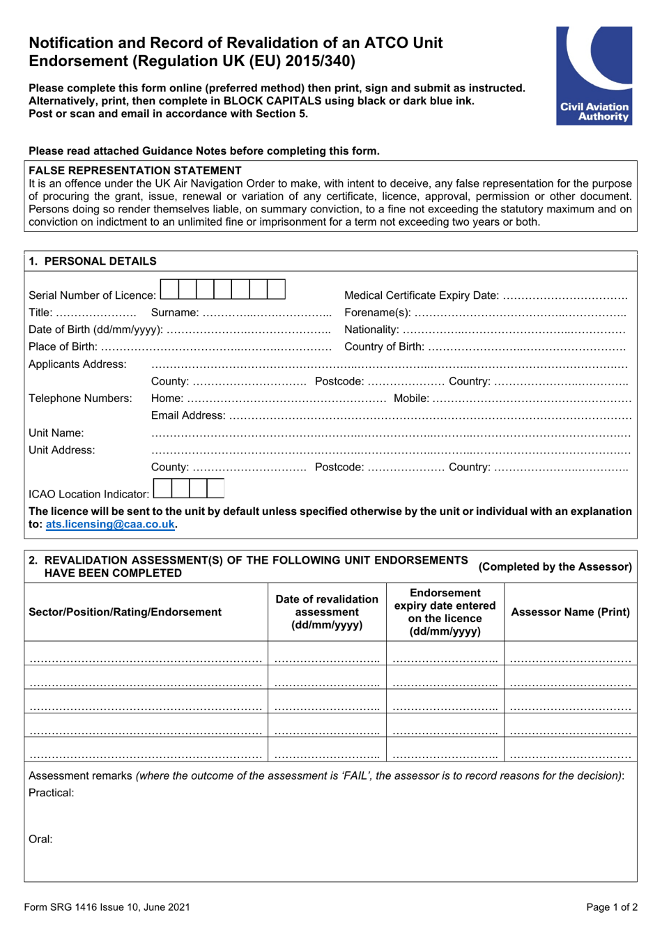 Form SRG1416 Notification and Record of Revalidation of an Atco Unit Endorsement (Regulation UK (Eu) 2015 / 340) - United Kingdom, Page 1