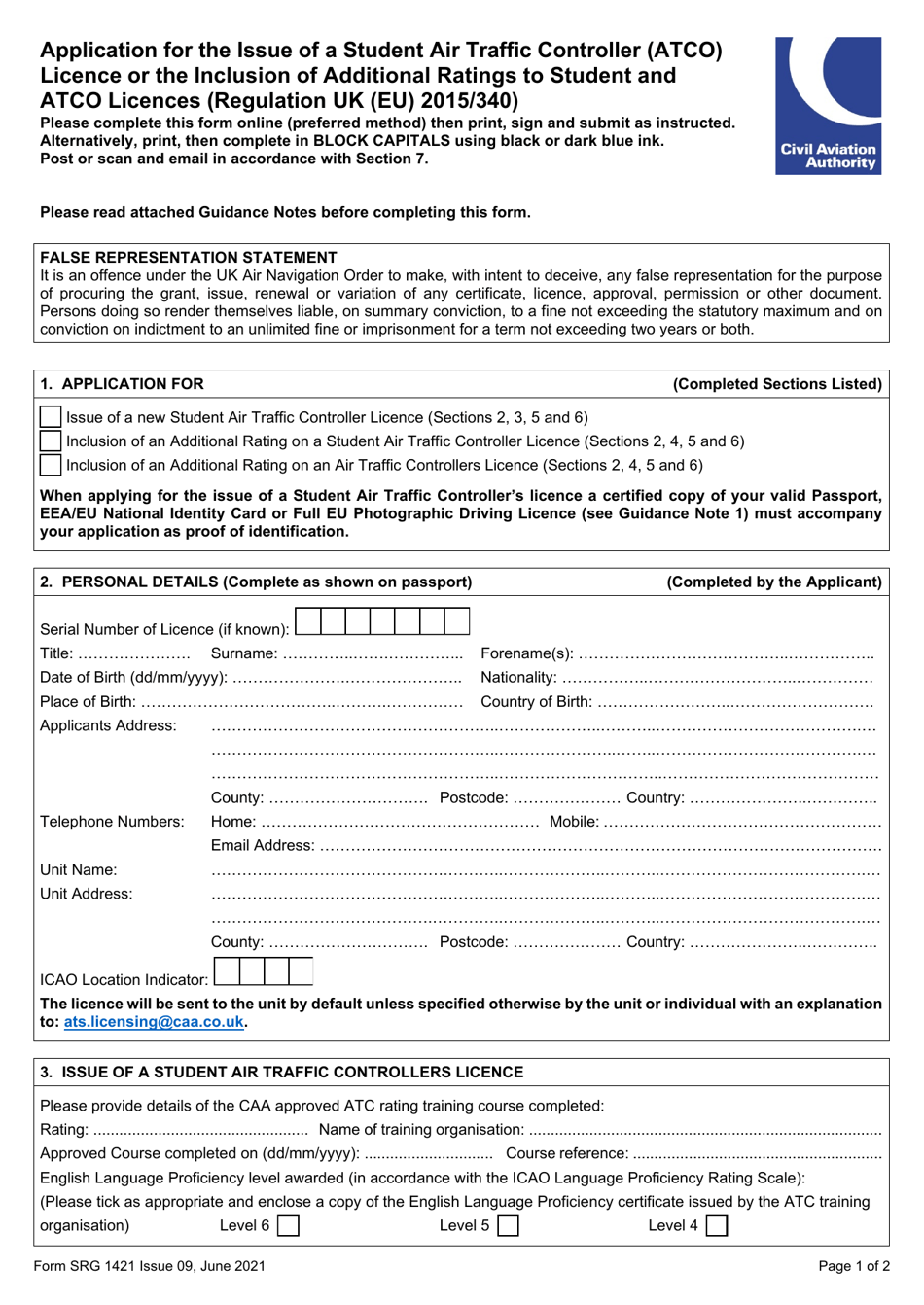 Form SRG1421 Application for the Issue of a Student Air Traffic Controller (Atco) Licence or the Inclusion of Additional Ratings to Student and Atco Licences (Regulation UK (Eu) 2015 / 340) - United Kingdom, Page 1