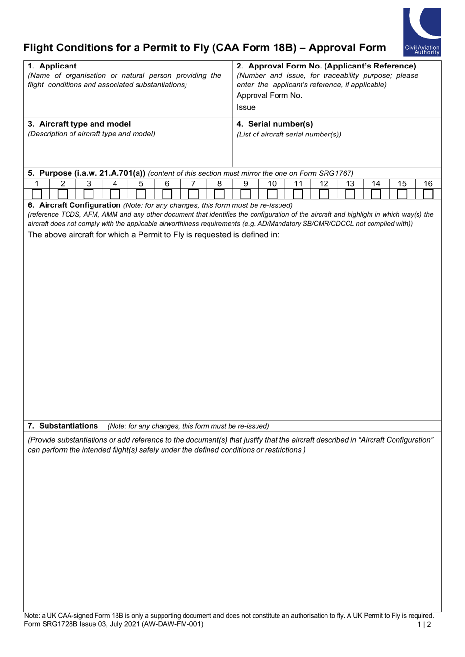 CAA Form 18B (SRG1728B) Flight Conditions for a Permit to Fly - United Kingdom, Page 1