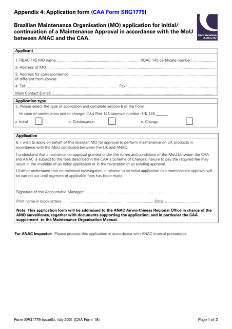 CAA Form 18 (SRG1779) Appendix 4 Printable Pdf