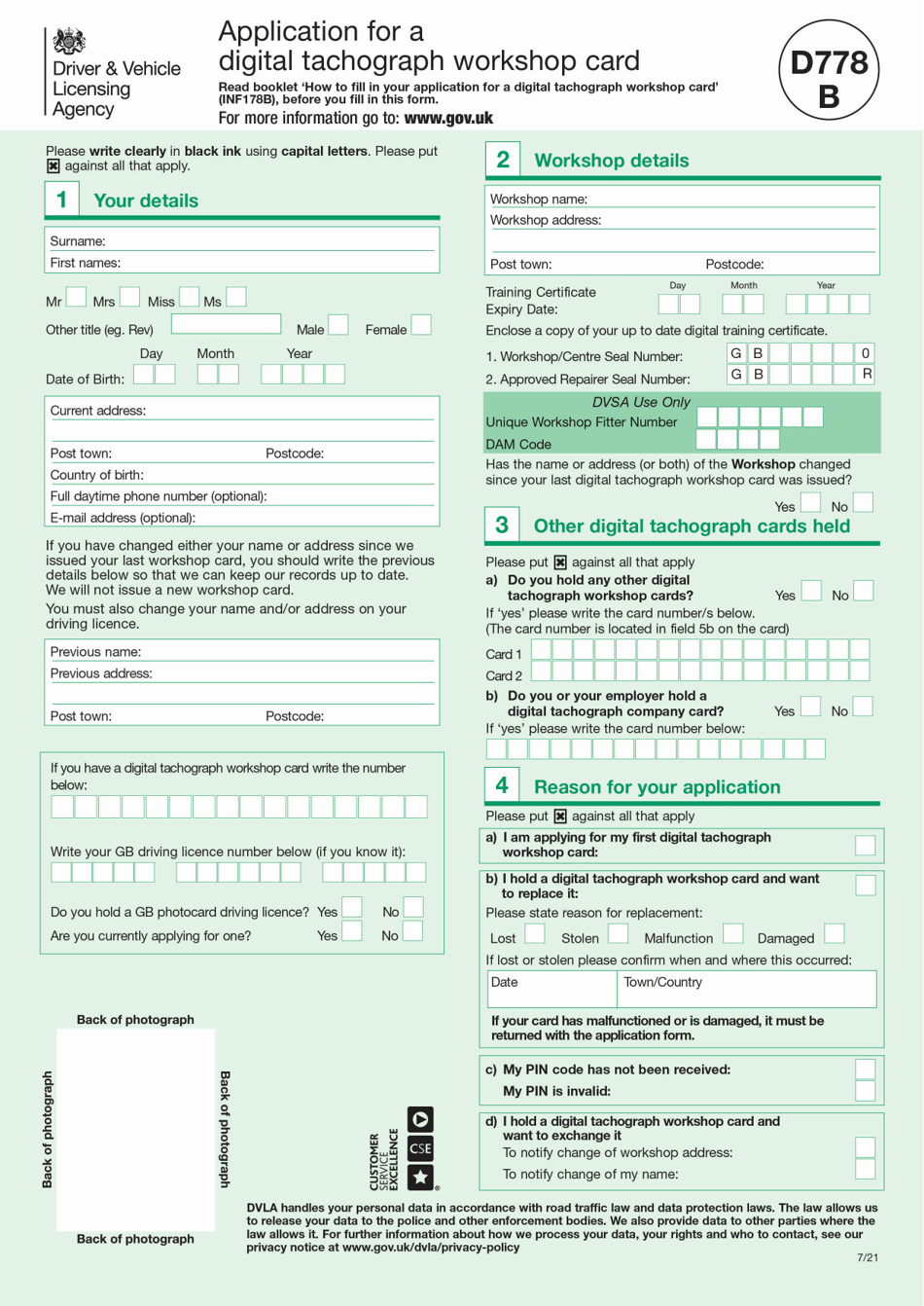 Form D778B Application for a Digital Tachograph Workshop Card - United Kingdom, Page 1