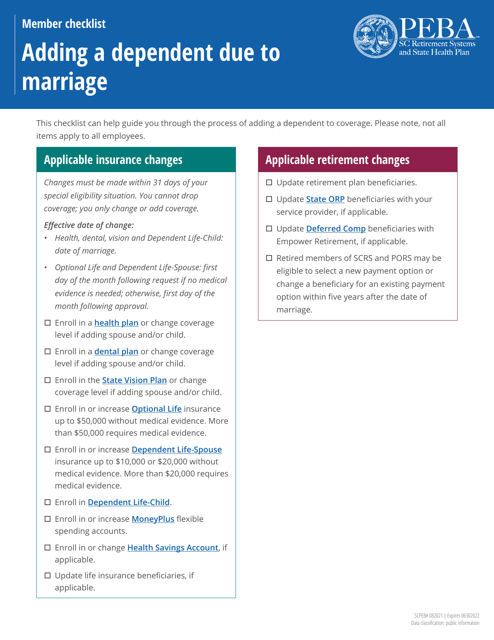 Member Checklist - Adding a Dependent Due to Marriage - South Carolina Download Pdf