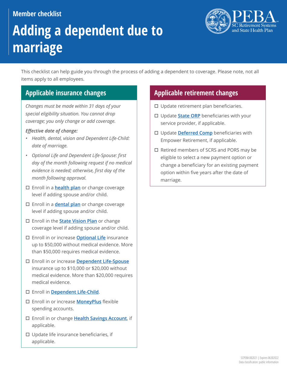 Member Checklist - Adding a Dependent Due to Marriage - South Carolina, Page 1