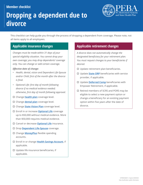 Member Checklist - Dropping a Dependent Due to Divorce - South Carolina Download Pdf