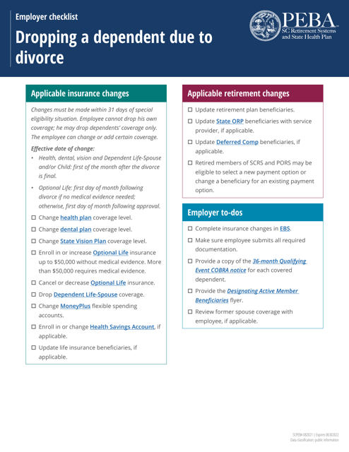 Employer Checklist - Dropping a Dependent Due to Divorce - South Carolina Download Pdf