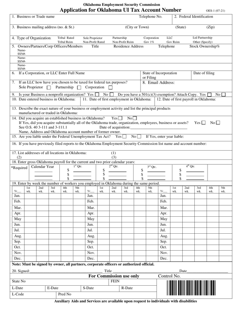 Form OES-1 Application for Oklahoma Ui Tax Account Number - Oklahoma