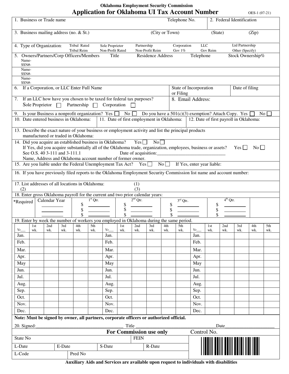 Form OES-1 Application for Oklahoma Ui Tax Account Number - Oklahoma, Page 1