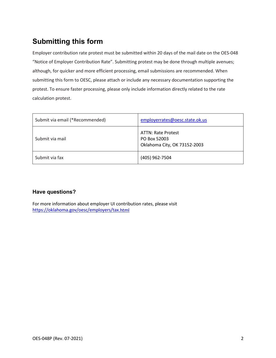 Form OES-048P Employer Contribution Rate Protest Form - Oklahoma, Page 2