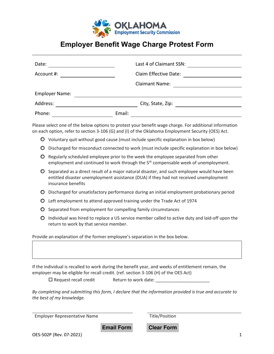 Form OES-502P Employer Benefit Wage Charge Protest Form - Oklahoma, Page 1