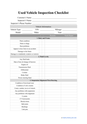 &quot;Used Vehicle Inspection Checklist Template&quot;