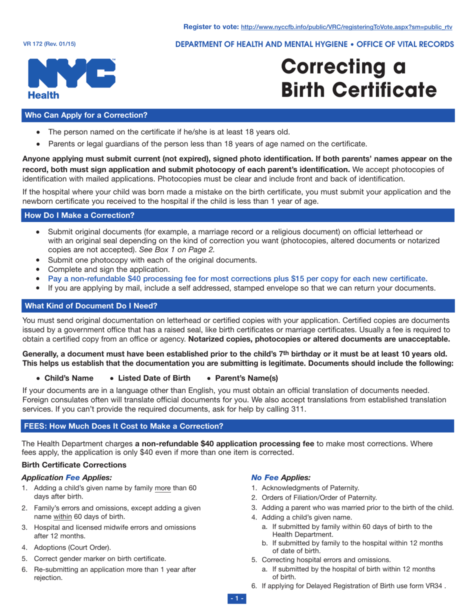 Form VR172 Correcting a Birth Certificate - New York City, Page 1