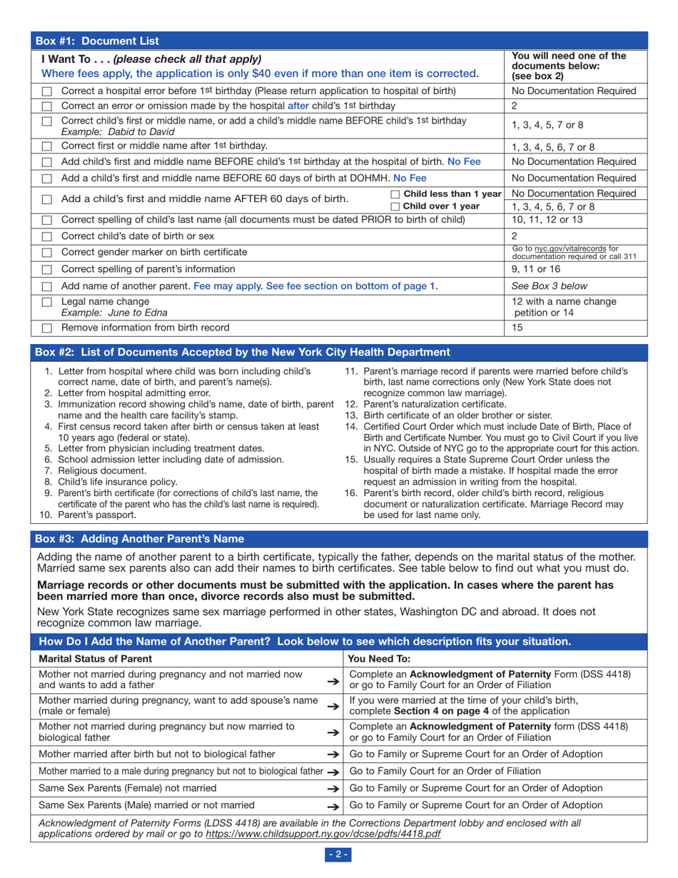 Form VR172 Correcting a Birth Certificate - New York City, Page 2
