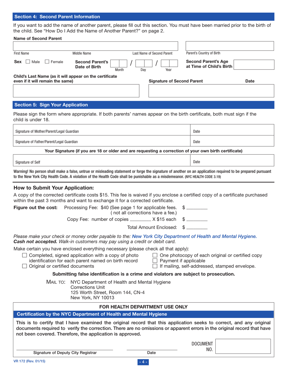 Form VR172 Correcting a Birth Certificate - New York City, Page 4