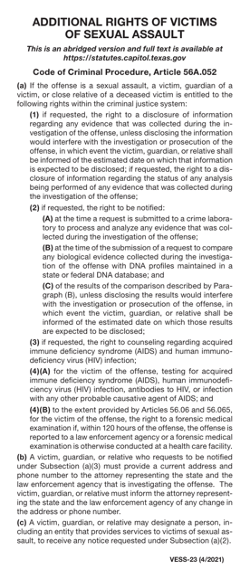 Form VESS-23 Additional Rights of Victims of Sexual Assault - Texas
