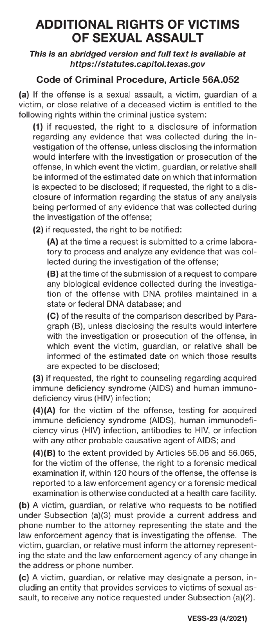 Form VESS-23 Additional Rights of Victims of Sexual Assault - Texas, Page 1