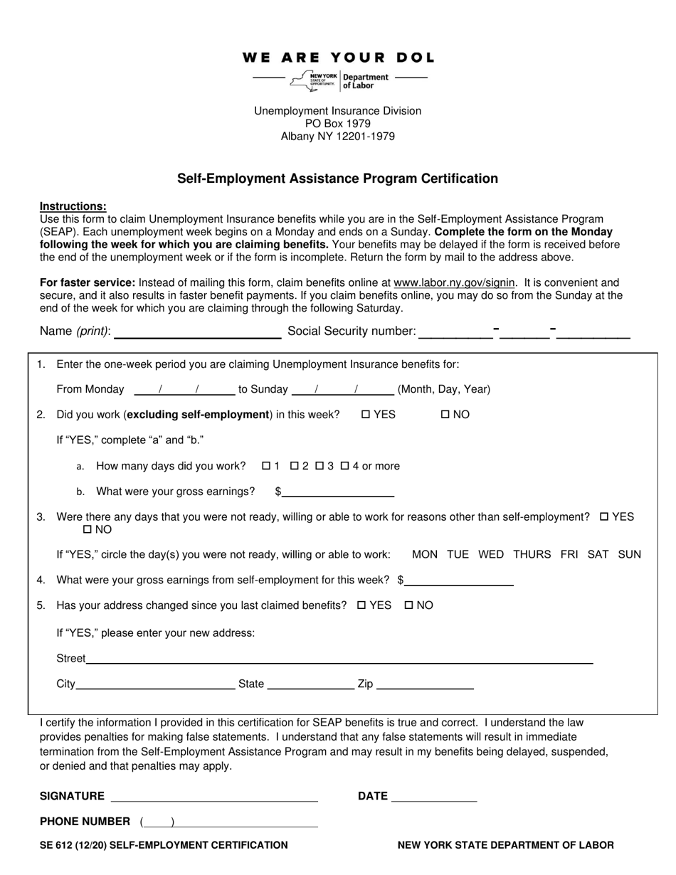 Form SE612 Self-employment Assistance Program Certification - New York, Page 1