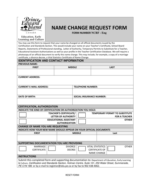 Form NCRF - ENG Name Change Request Form - Prince Edward Island, Canada