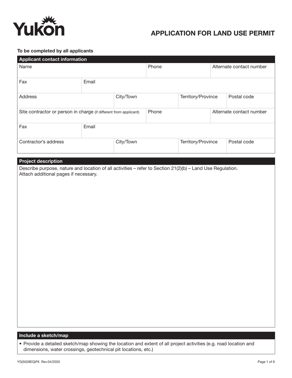 Form YG5028 Application for Land Use Permit - Yukon, Canada, Page 1