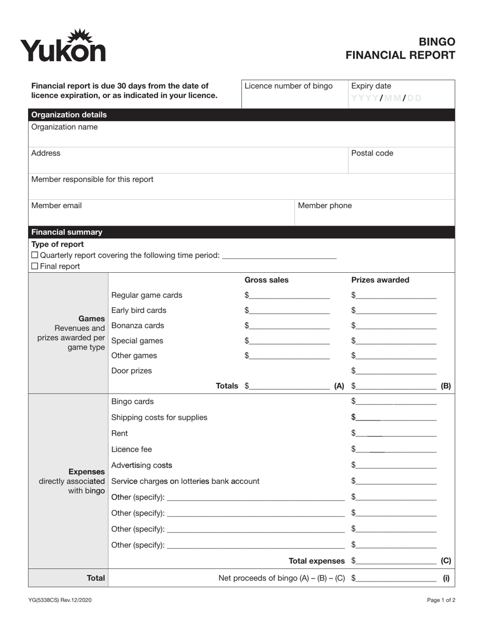 Form YG5338 Bingo Financial Report - Yukon, Canada, Page 1