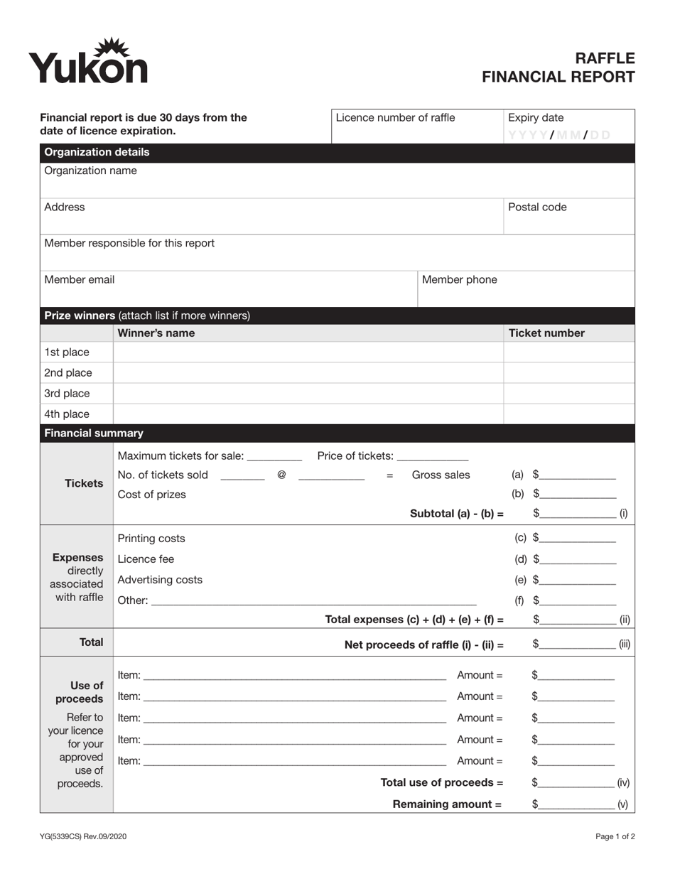 Form YG5339 Raffle Financial Report - Yukon, Canada, Page 1