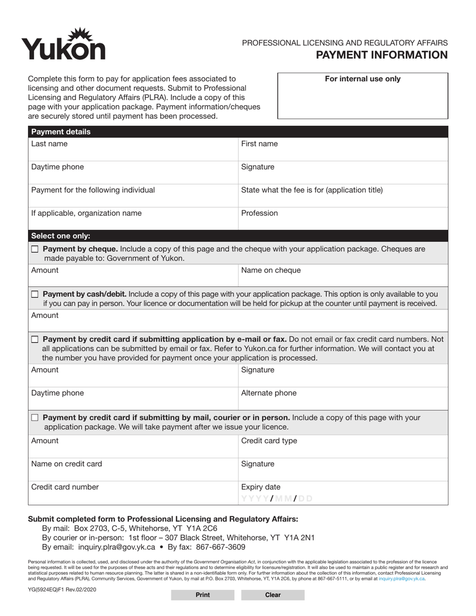 Form YG5924 Payment Information - Yukon, Canada, Page 1
