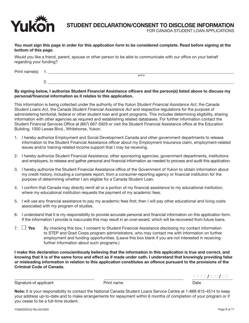 Form YG6002 Student Declaration / Consent to Disclose Information for Canada Student Loan Applications - Yukon, Canada, Page 1