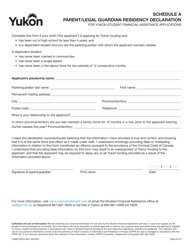 Form YG6012 Schedule A &quot;Parent/Legal Guardian Residency Declaration for Yukon Student Financial Assistance Applications&quot; - Yukon, Canada