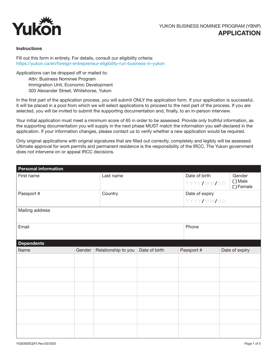 Form YG6382 Yukon Business Nominee Program (Ybnp) Application - Yukon, Canada, Page 1