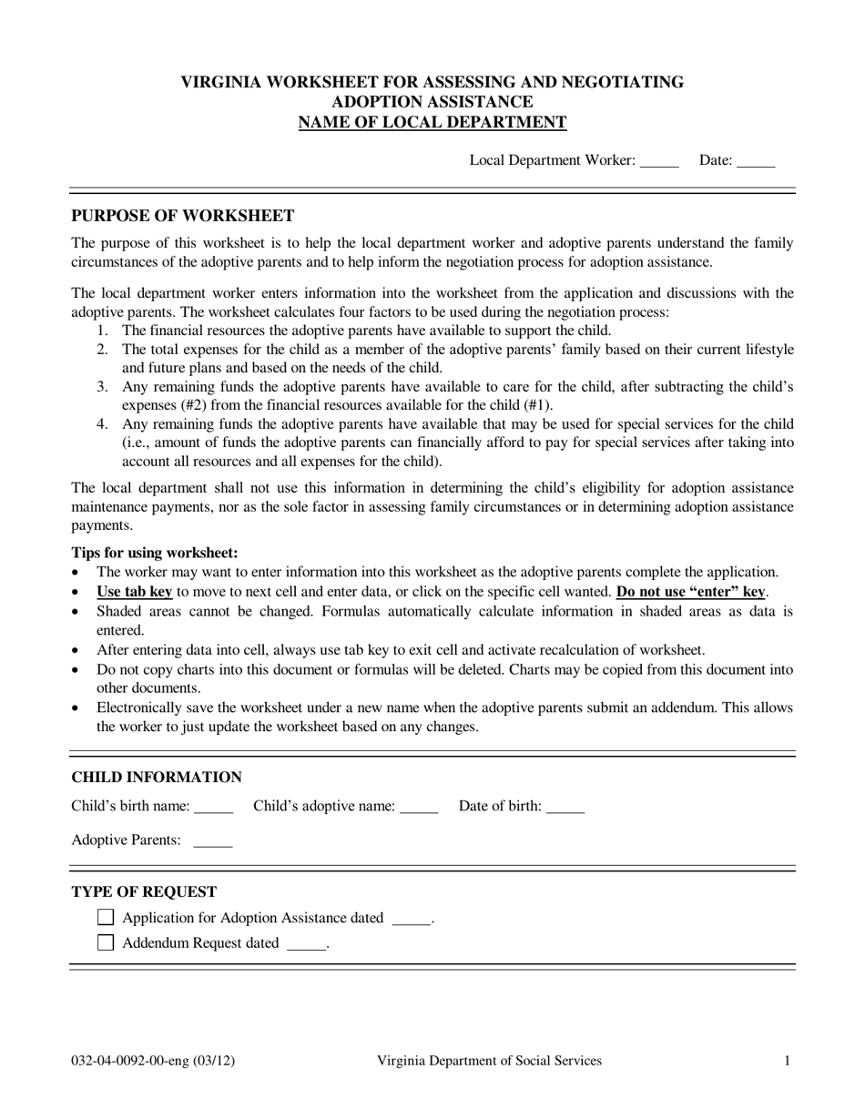 Form 032-04-0092-00-ENG Virginia Worksheet for Assessing and Negotiating Adoption Assistance - Virginia, Page 1