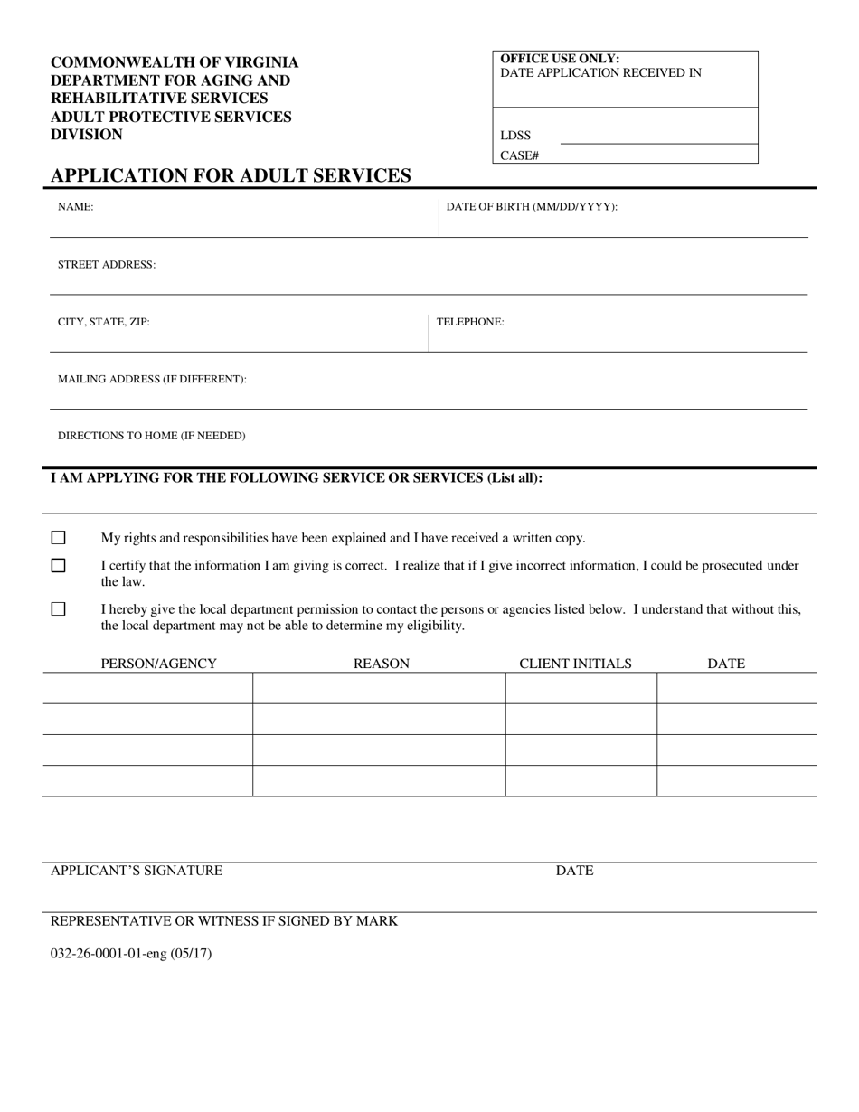 Form 032-26-0001-01-ENG Application for Adult Services - Virginia, Page 1