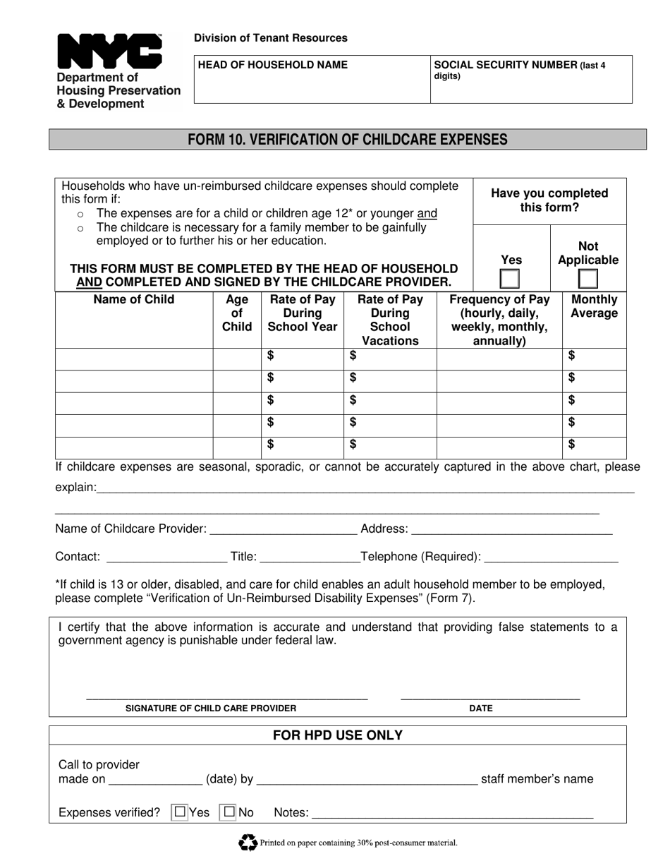 Form 10 Verification of Childcare Expenses - New York City, Page 1