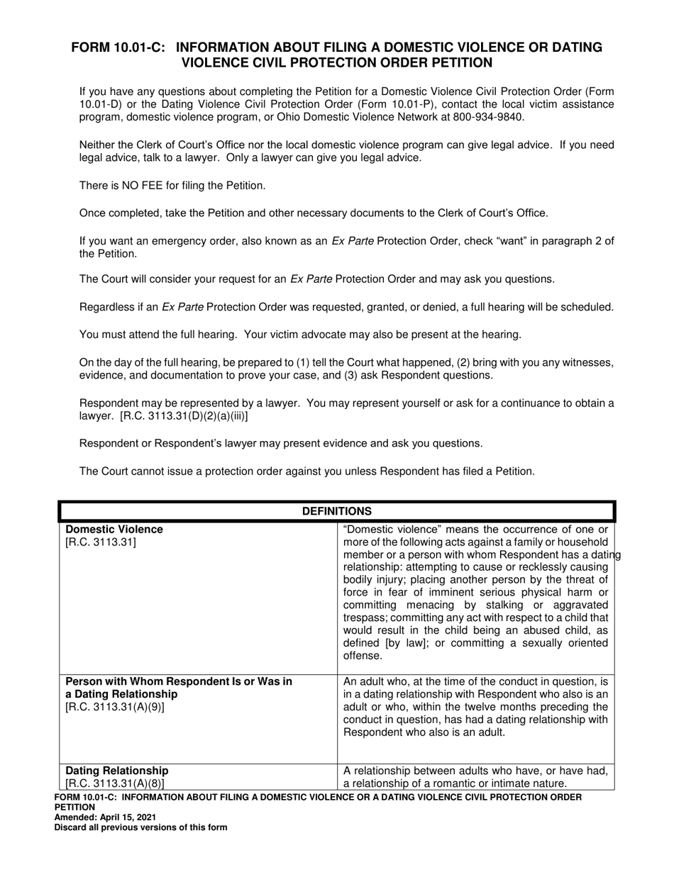 Form 10.01-C Information About Filing a Domestic Violence or Dating Violence Civil Protection Order Petition - Ohio, Page 1