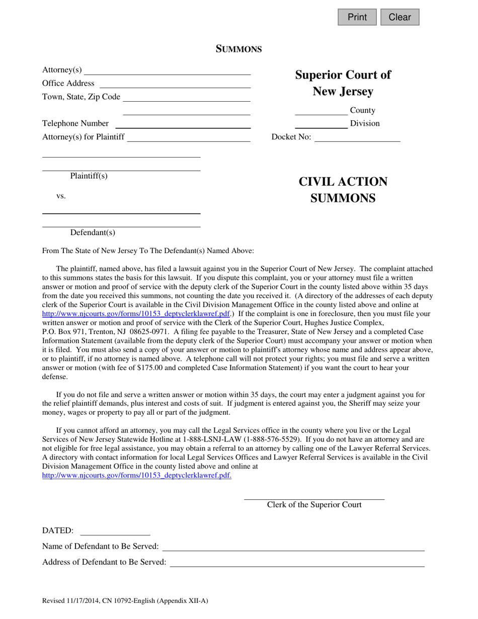 Form 10792 Appendix XII-A Civil Action Summons - New Jersey, Page 1