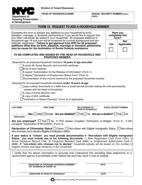 Form 12 Request to Add a Household Member - New York City