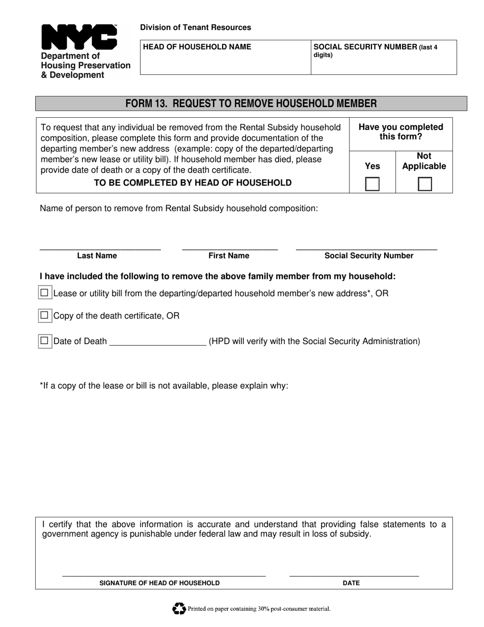 Form 13 Request to Remove Household Member - New York City, Page 1