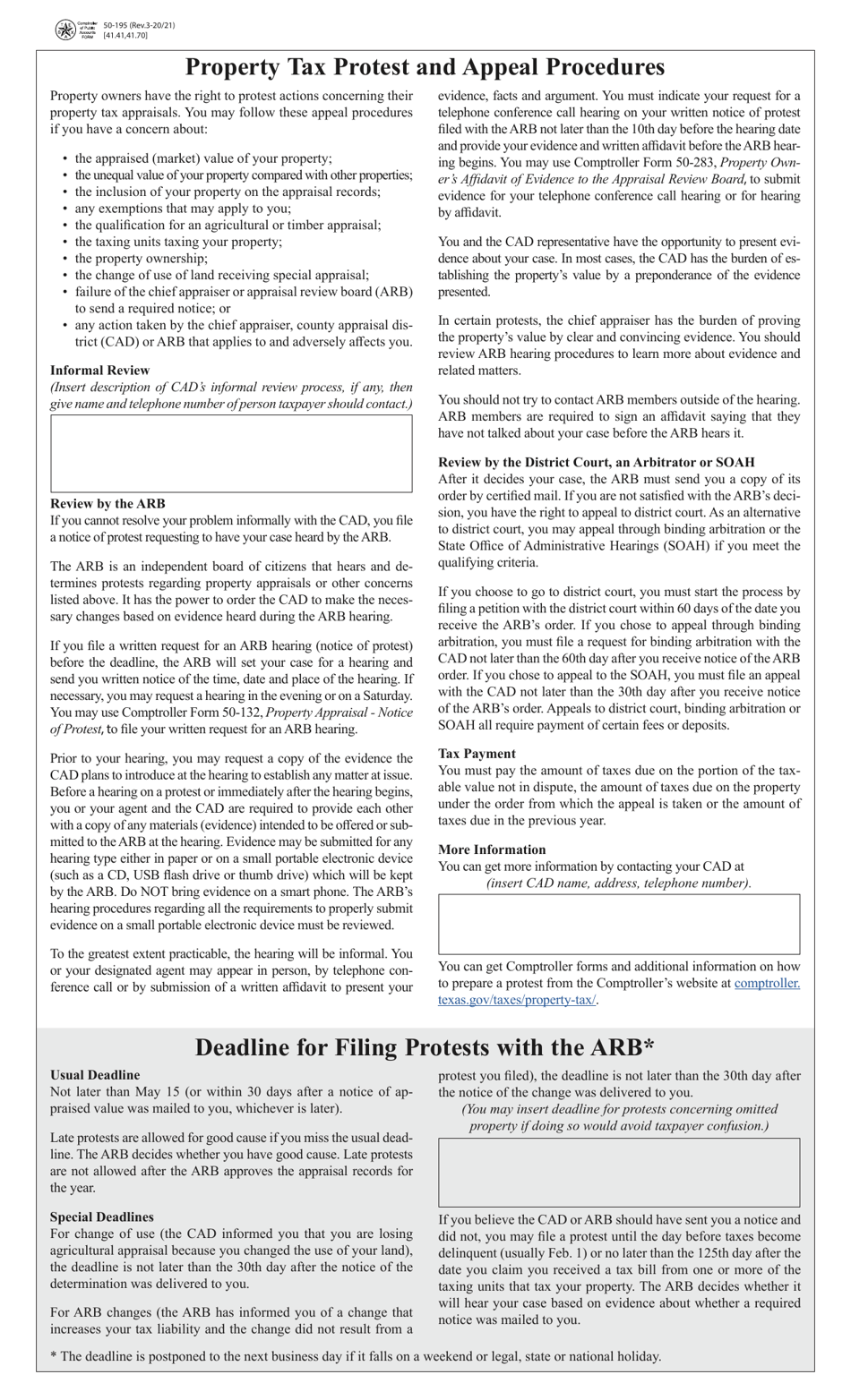 Form 50-195 Property Tax Protest and Appeal Procedures - Texas, Page 1