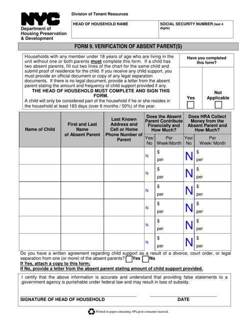 Form 9 Verification of Absent Parent(S) - New York City