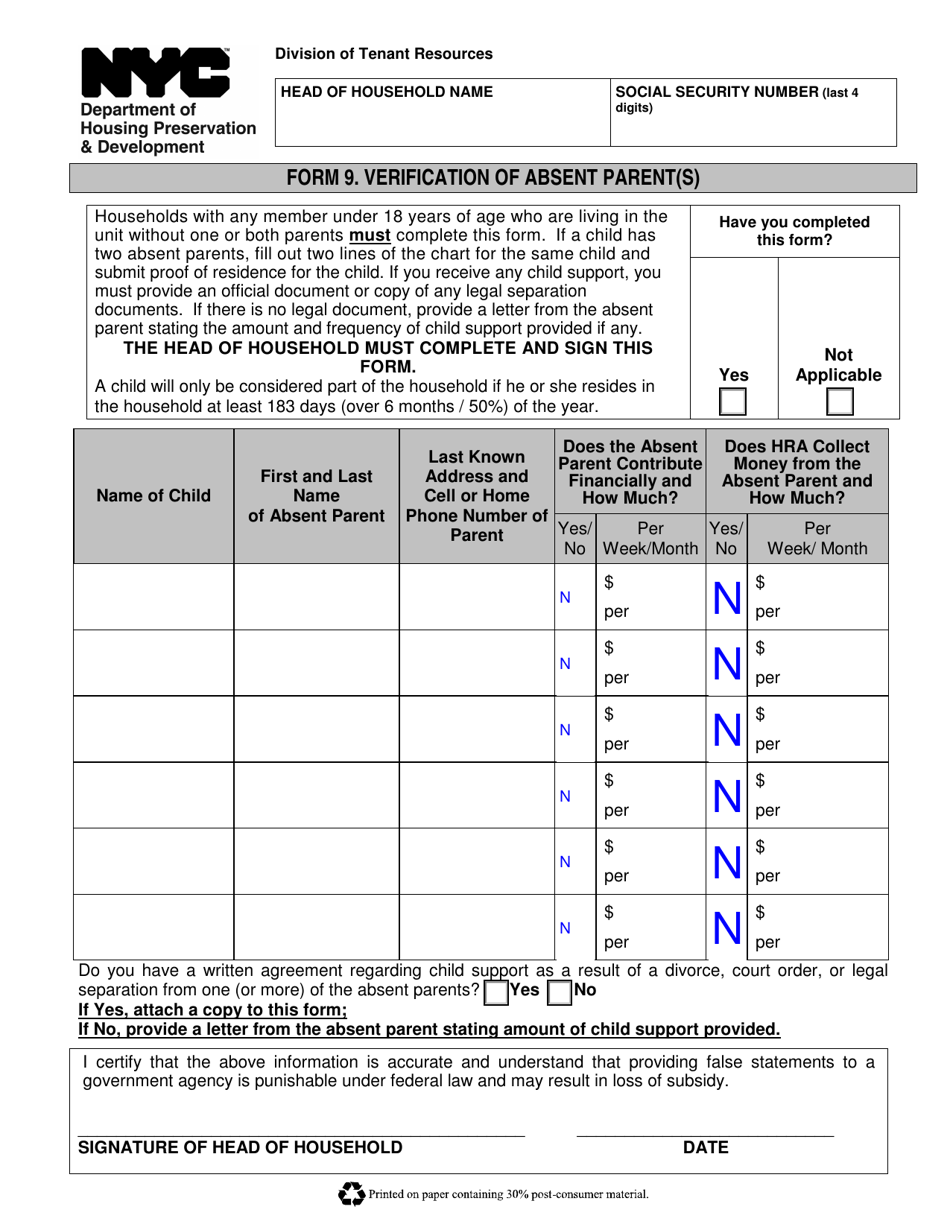 Form 9 Verification of Absent Parent(S) - New York City, Page 1