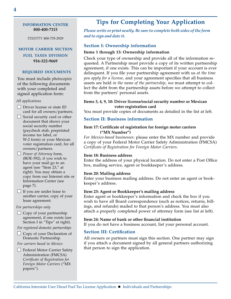 Form BOE-400-DI California Interstate User Diesel Fuel Tax License Application (Individuals / Partnerships) - California, Page 4