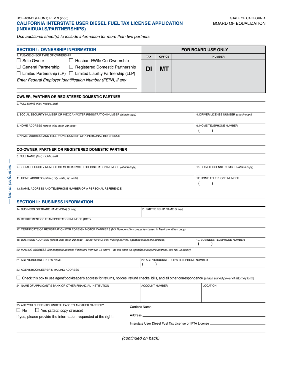 Form BOE-400-DI California Interstate User Diesel Fuel Tax License Application (Individuals / Partnerships) - California, Page 5
