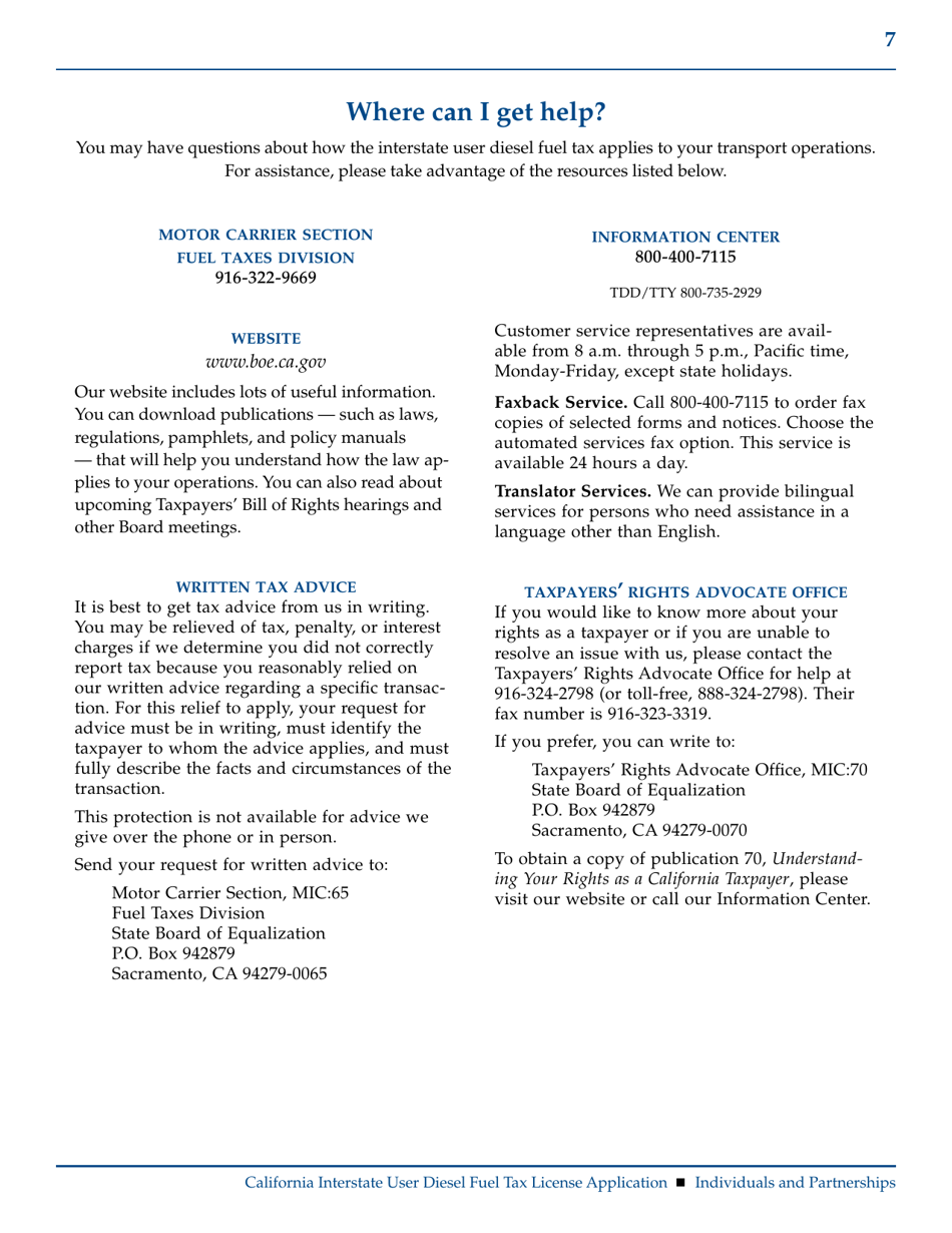 Form BOE-400-DI California Interstate User Diesel Fuel Tax License Application (Individuals / Partnerships) - California, Page 7