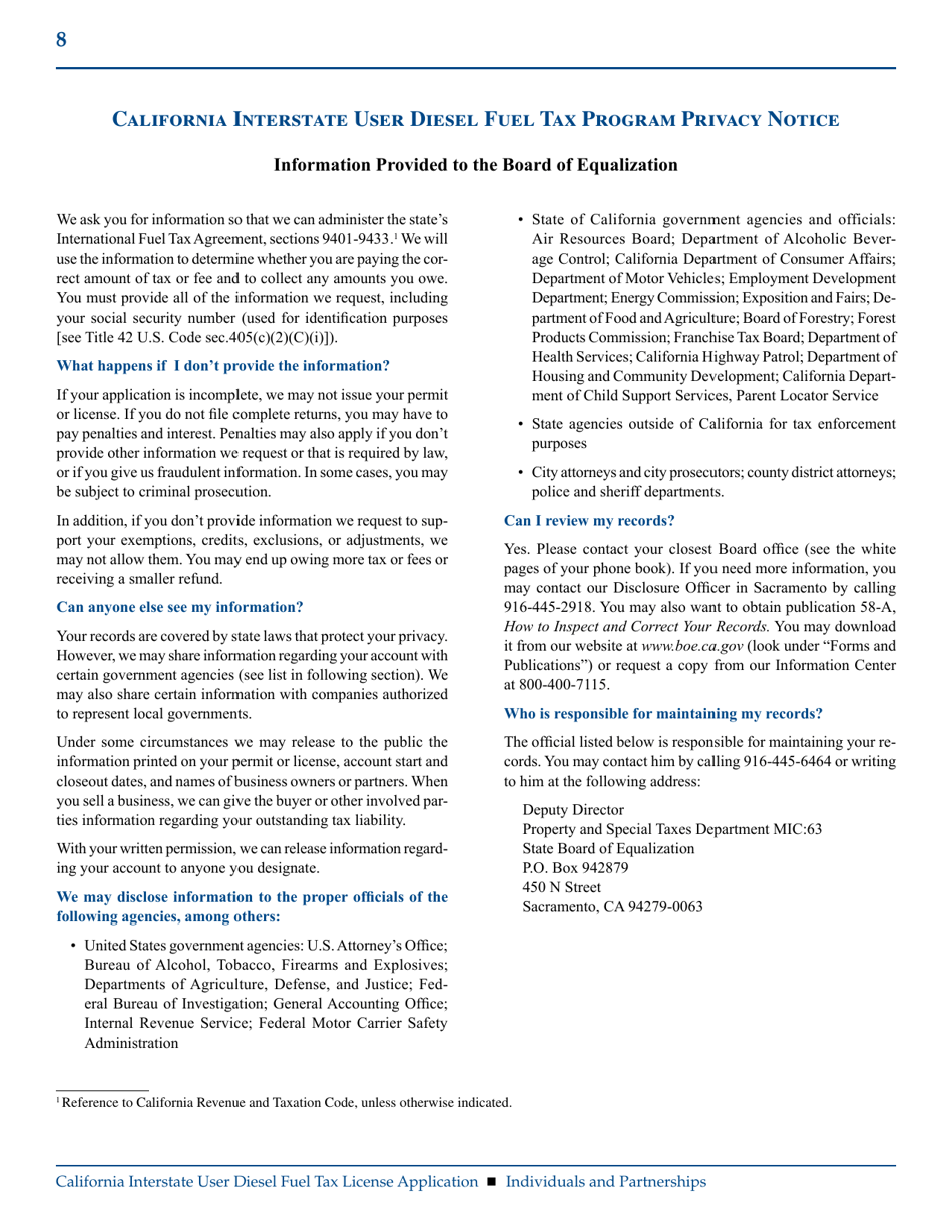 Form BOE-400-DI California Interstate User Diesel Fuel Tax License Application (Individuals / Partnerships) - California, Page 8