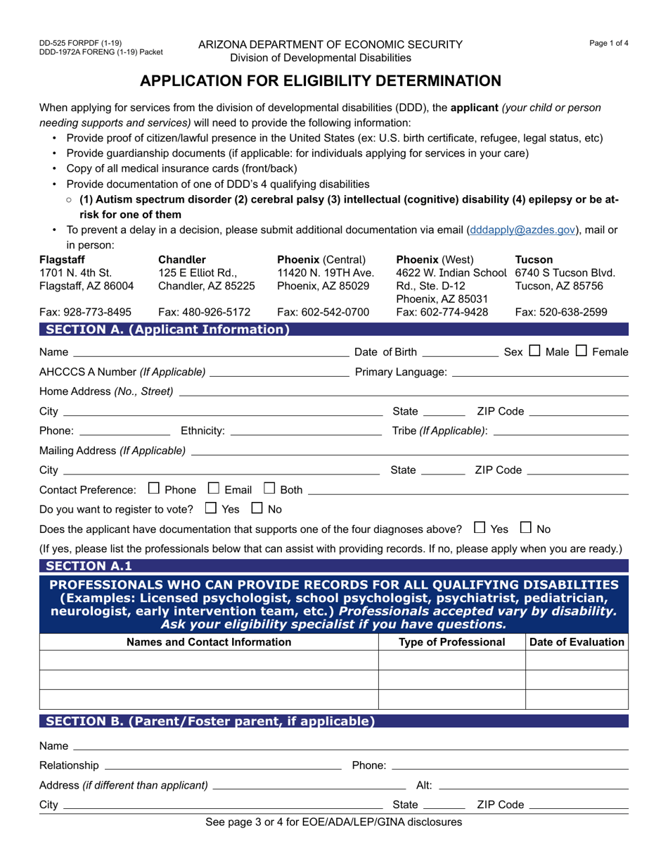 Form DD-525 FORPDF Application for Eligibility Determination - Arizona, Page 1
