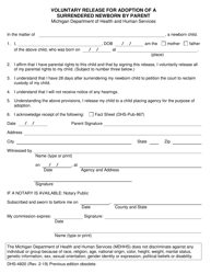 Document preview: Form DHS-4820 Voluntary Release for Adoption of a Surrendered Newborn by Parent - Michigan