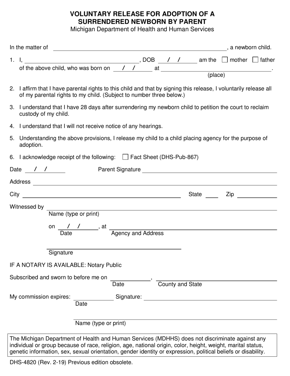Form DHS-4820 Voluntary Release for Adoption of a Surrendered Newborn by Parent - Michigan, Page 1