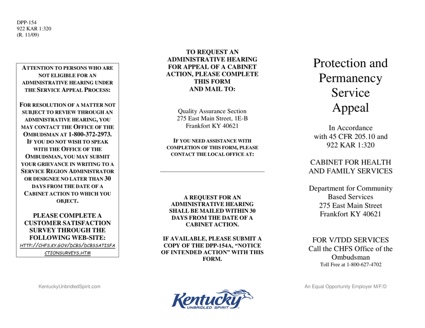 Form DPP-154 Protection and Permanency Service Appeal - Kentucky